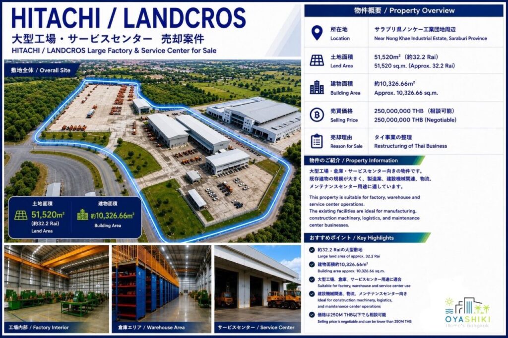 Hitachi / LANDCROS 大型工場・サービスセンター 売却案件
